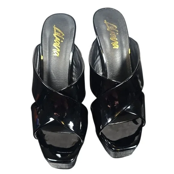 Liliana Platform Heels‎ Mules Criss Cross Open Toe Party Shoes Black 7.5 Nwot - Picture 3 of 9